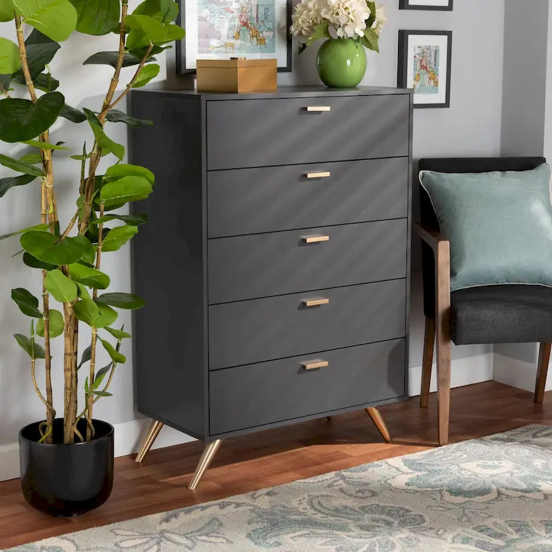 Kelson Modern Dark Grey and Gold Finished Wood 5-Drawer Chest