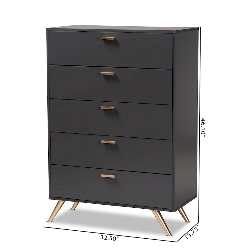 Kelson Modern Dark Grey and Gold Finished Wood 5-Drawer Chest
