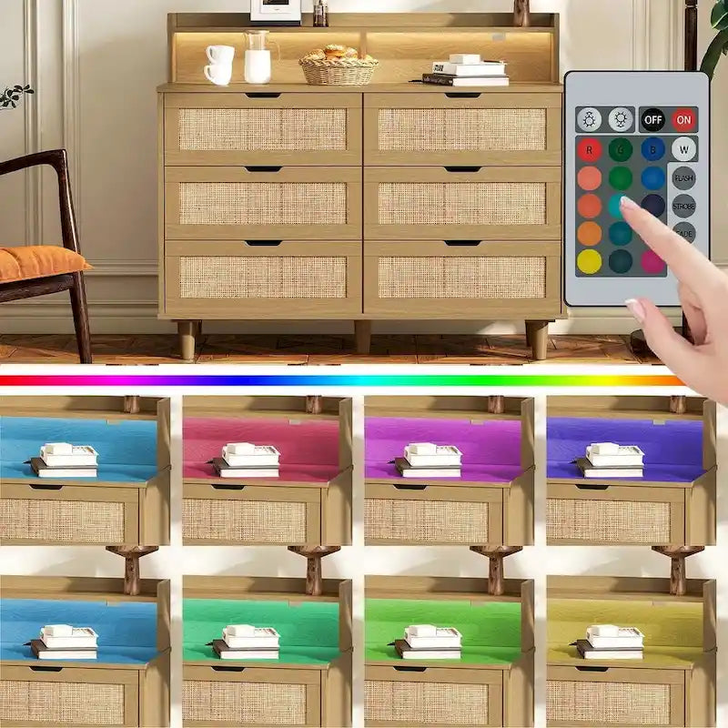 43-inch Wide 6-Drawer Dresser Cabinet with LED and Power Outlet