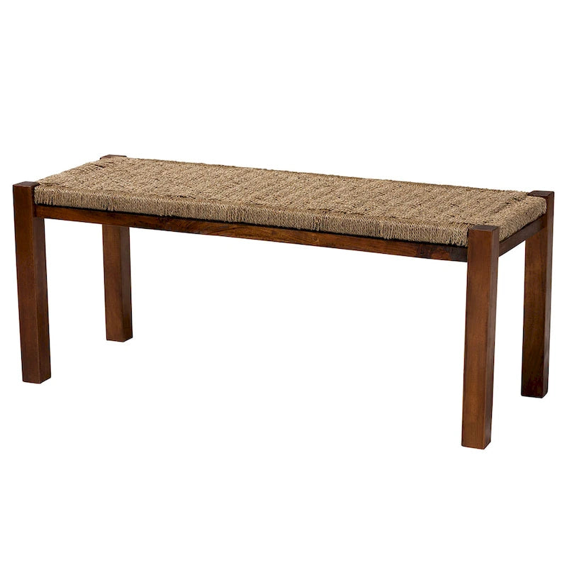 Hermes Mid-Century Modern Transitional Natural Seagrass and Mahogany Wood Bench
