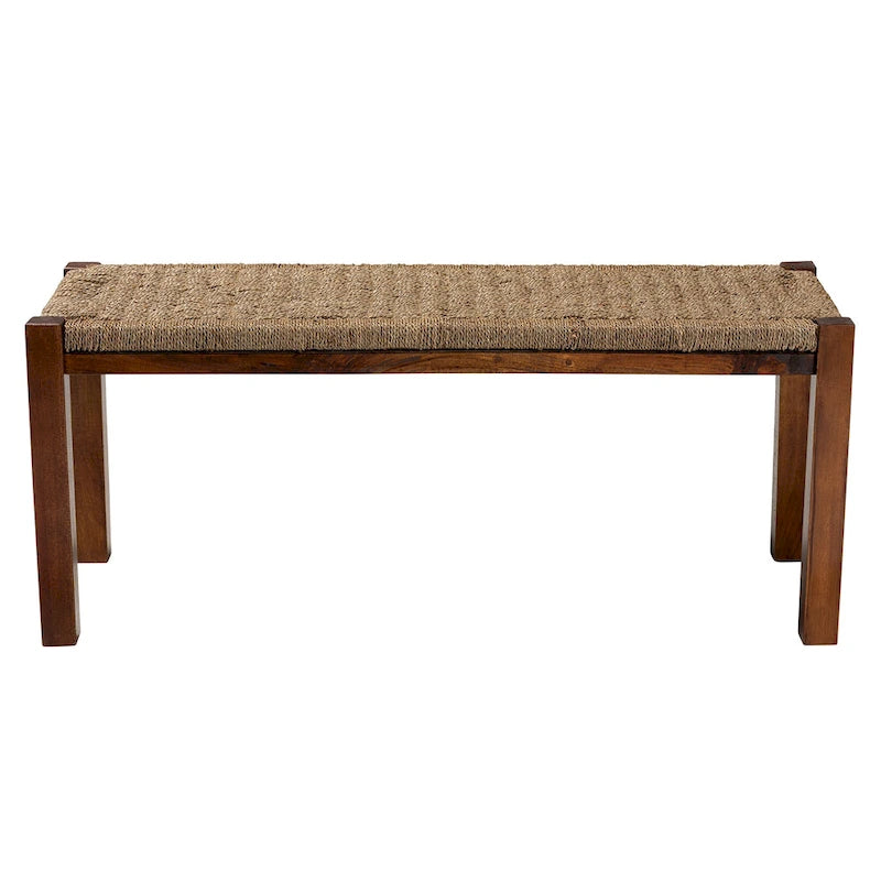 Hermes Mid-Century Modern Transitional Natural Seagrass and Mahogany Wood Bench