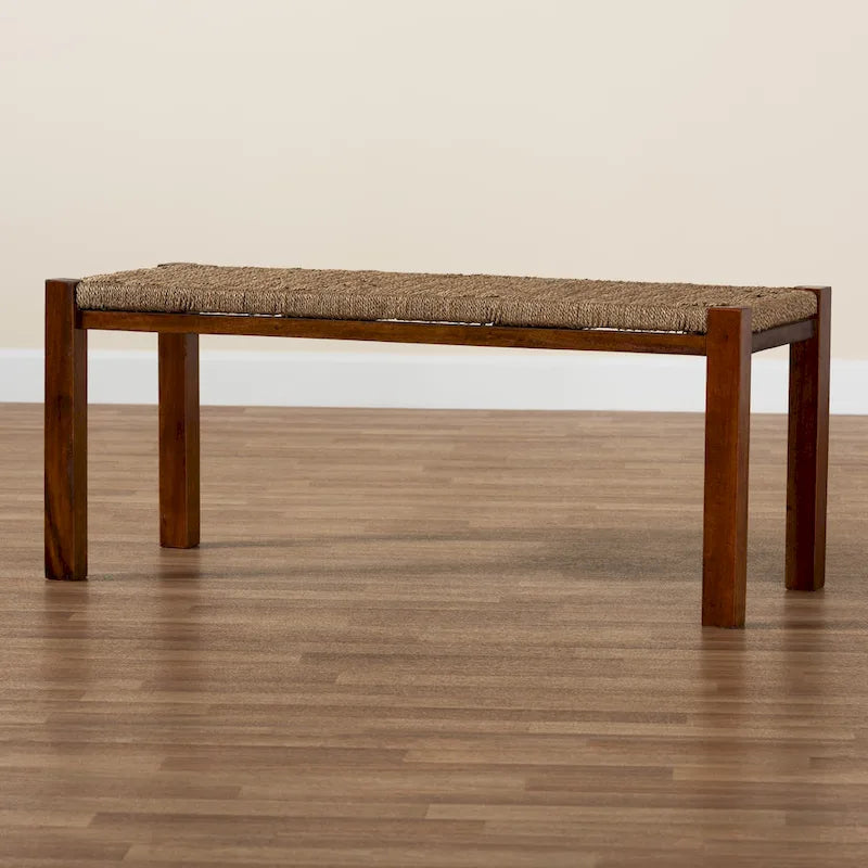 Hermes Mid-Century Modern Transitional Natural Seagrass and Mahogany Wood Bench