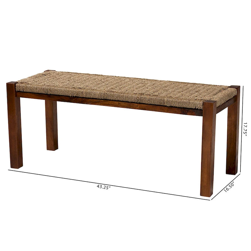 Hermes Mid-Century Modern Transitional Natural Seagrass and Mahogany Wood Bench