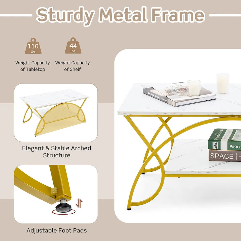2 Tier Coffee Table Modern Faux Marble Accent Table Cocktail End Table