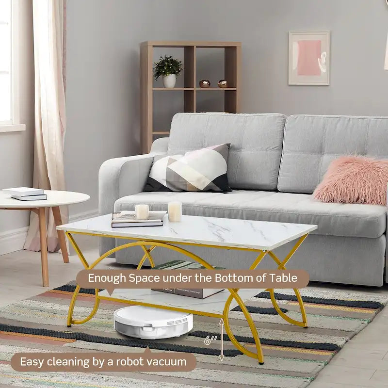 2 Tier Coffee Table Modern Faux Marble Accent Table Cocktail End Table