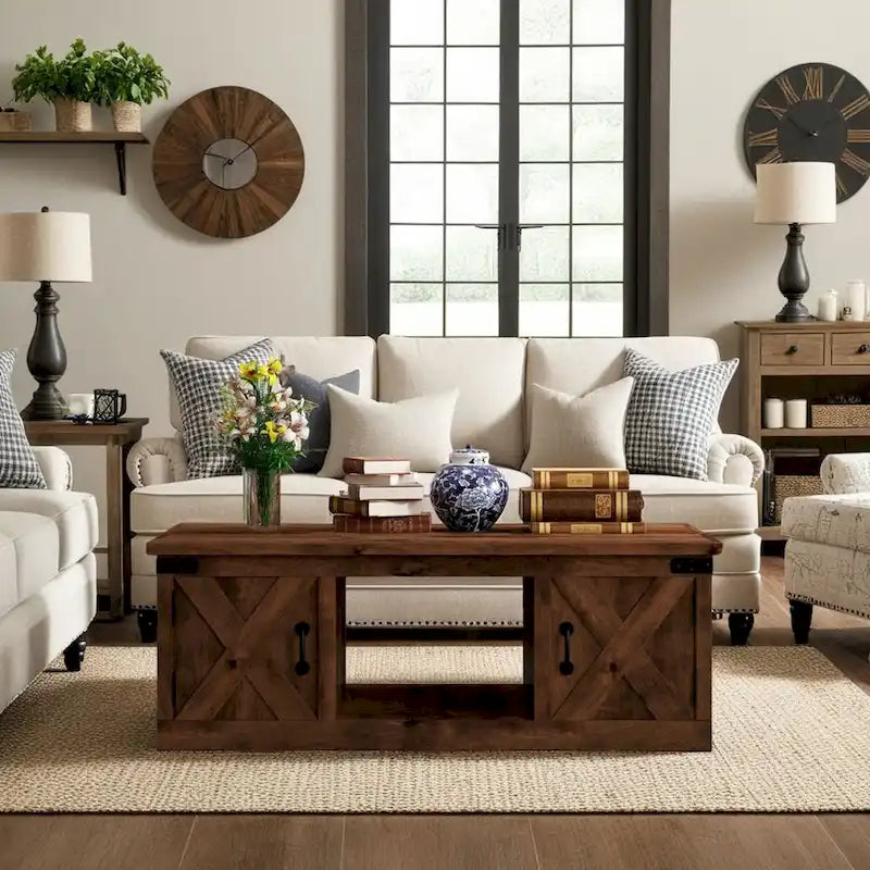 Bridgevine Home Farmhouse 48 inch Coffee Table, No Assembly Required, Aged Whiskey Finish