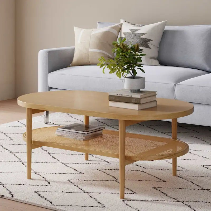 Nathan James Sonia Bohemian 2-Tier Oval Cane Coffee Table in Light Wood With Rattan Storage Shelf
