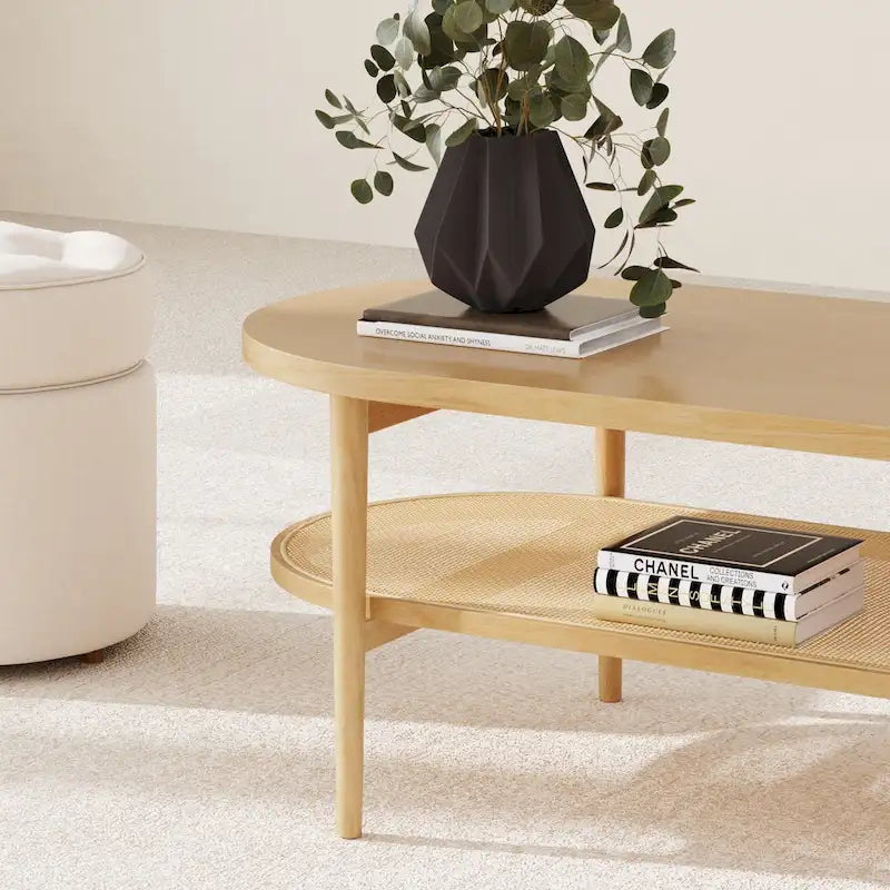 Nathan James Sonia Bohemian 2-Tier Oval Cane Coffee Table in Light Wood With Rattan Storage Shelf