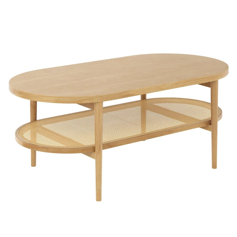 Nathan James Sonia Bohemian 2-Tier Oval Cane Coffee Table in Light Wood With Rattan Storage Shelf