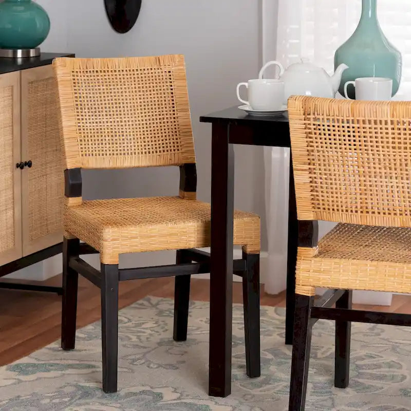 Lesia Modern Bohemian Natural Brown Rattan and Espresso Brown Mahogany Wood Dining Chair