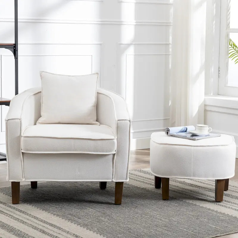 Linen/Polyester Upholstered Mid Century Barrel Chair with Ottoman