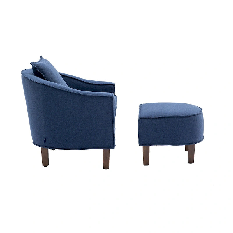 Linen/Polyester Upholstered Mid Century Barrel Chair with Ottoman