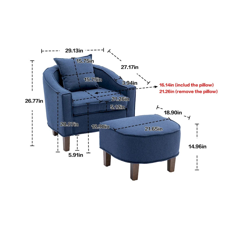 Linen/Polyester Upholstered Mid Century Barrel Chair with Ottoman
