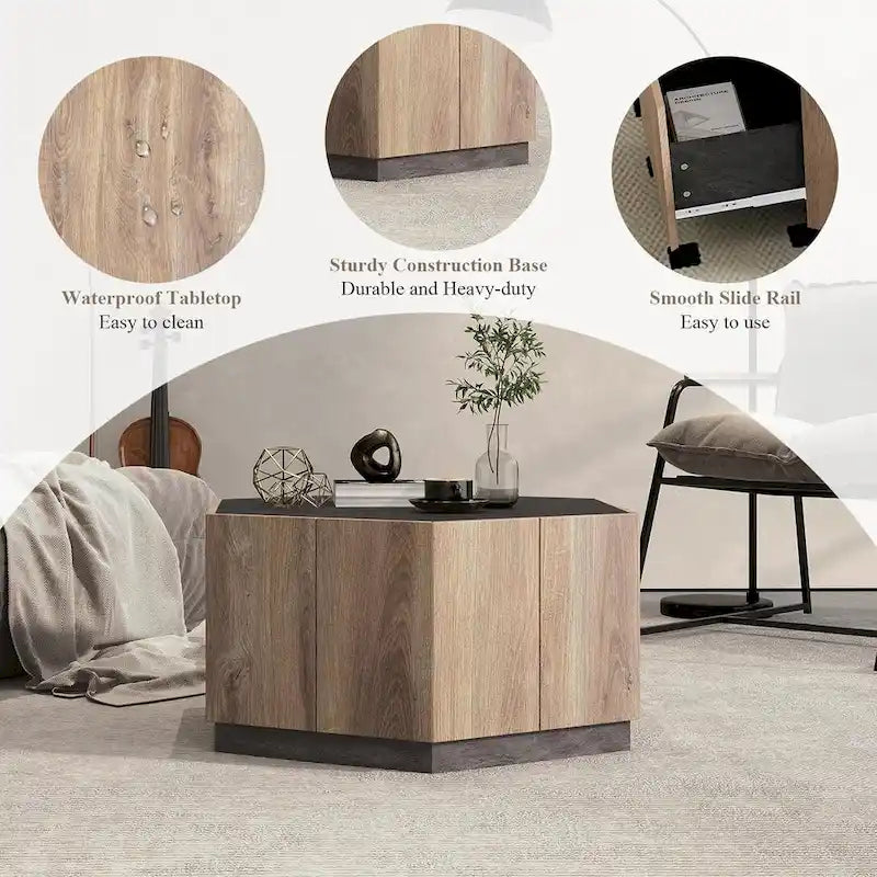 Hexagonal Coffee Table, Scratch Resistant Center Table with Drawers