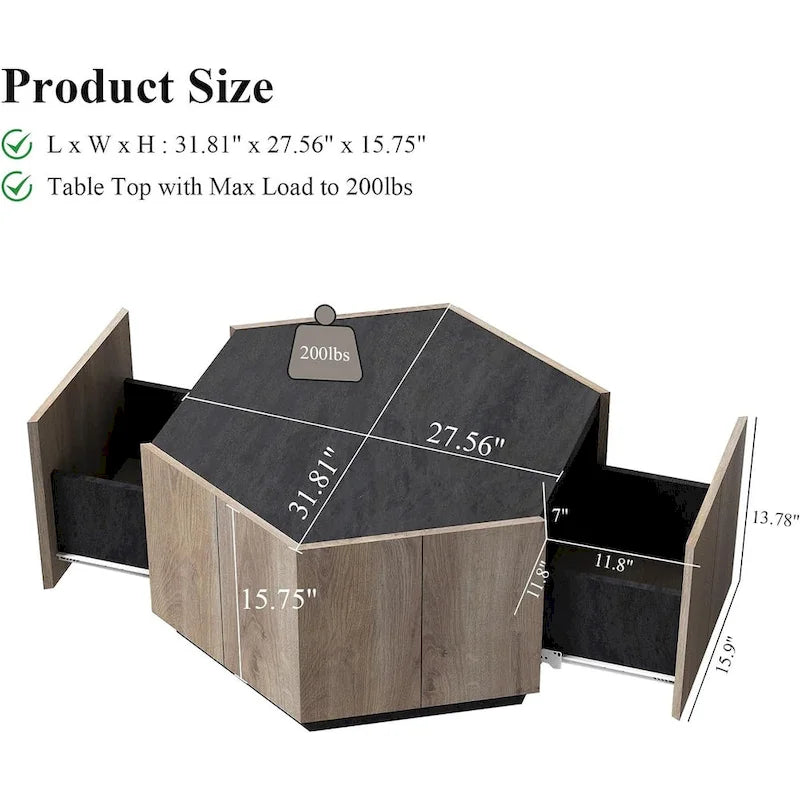 Hexagonal Coffee Table, Scratch Resistant Center Table with Drawers