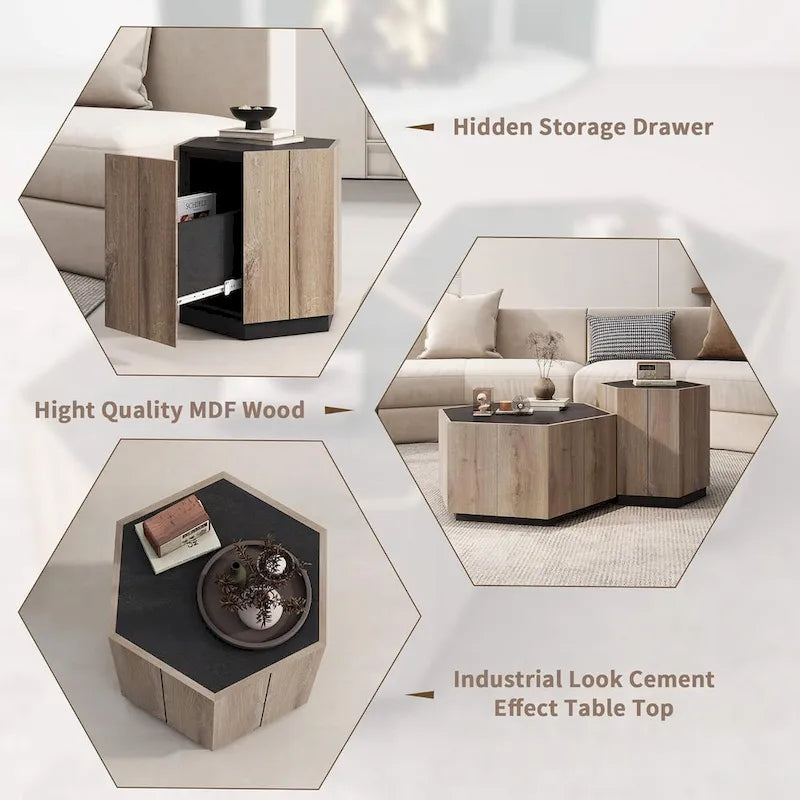 Hexagonal Coffee Table, Scratch Resistant Center Table with Drawers