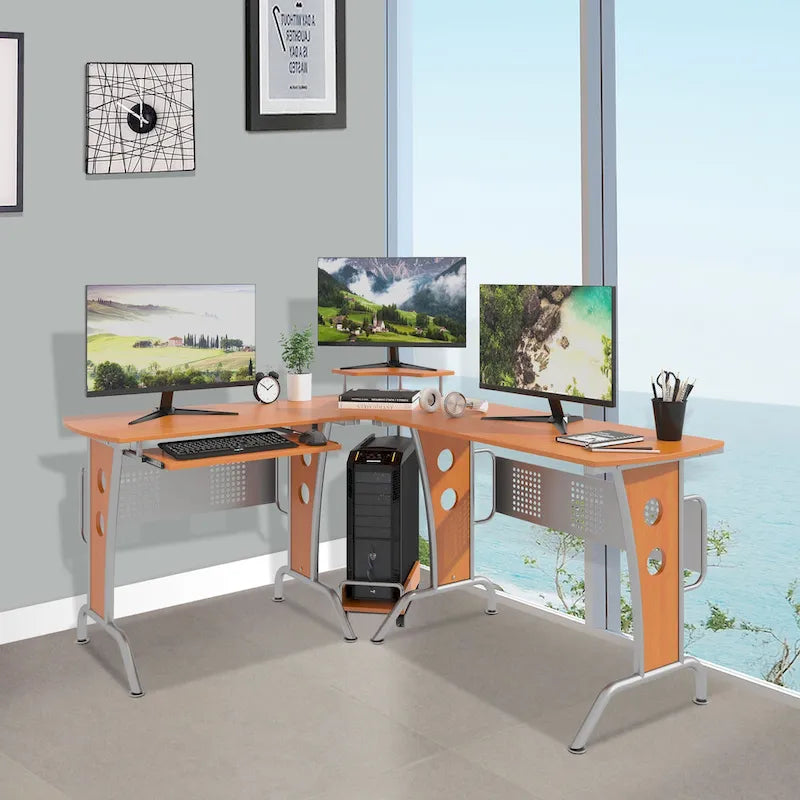 HOMCOM L-Shaped Corner Computer Office Desk Workstation with Elevated Shelf, Rolling Keyboard Tray, & Convenient CPU Stand