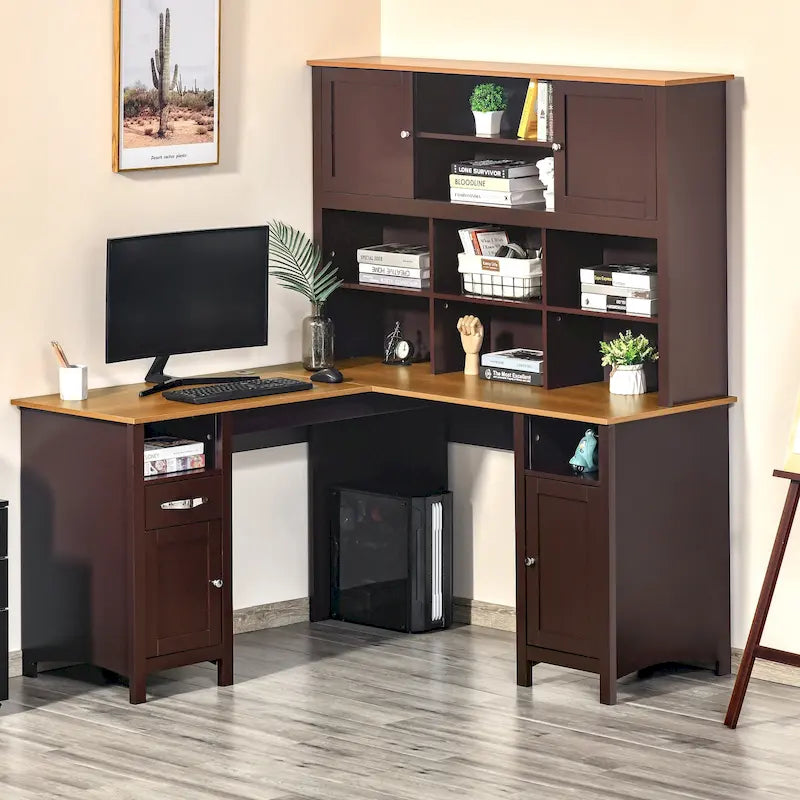 HOMCOM L-Shaped Corner Computer Desk with Hutch, Home Office Desk Study Workstation Table