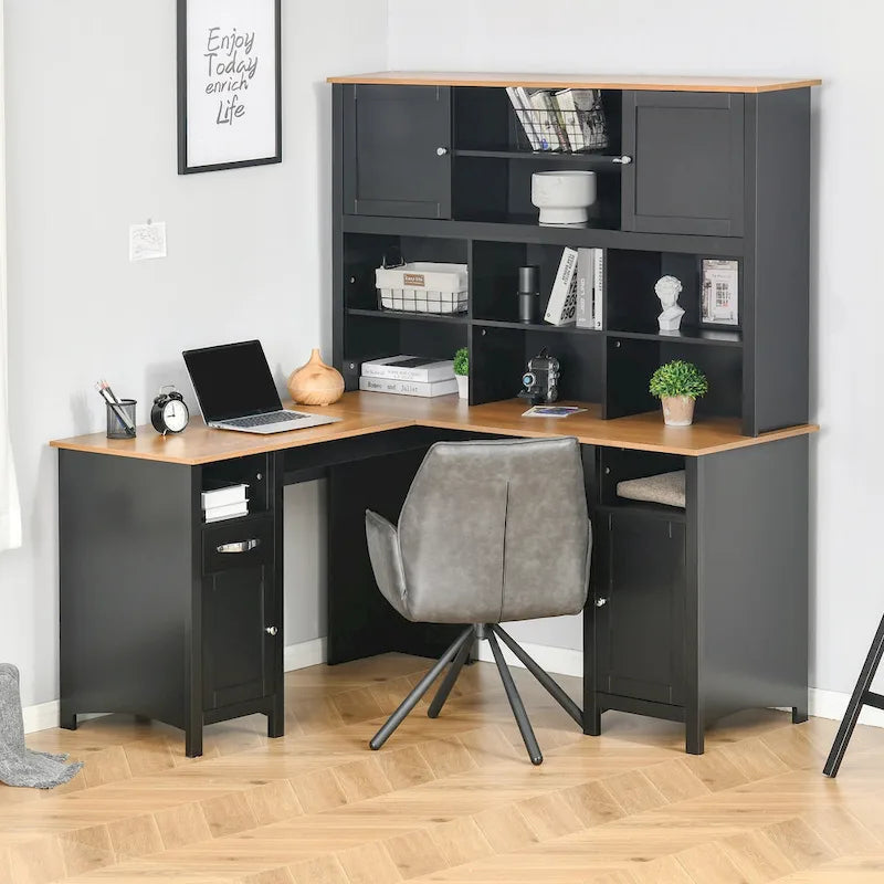HOMCOM L-Shaped Corner Computer Desk with Hutch, Home Office Desk Study Workstation Table