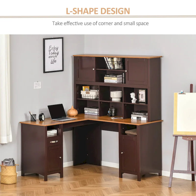 HOMCOM L-Shaped Corner Computer Desk with Hutch, Home Office Desk Study Workstation Table