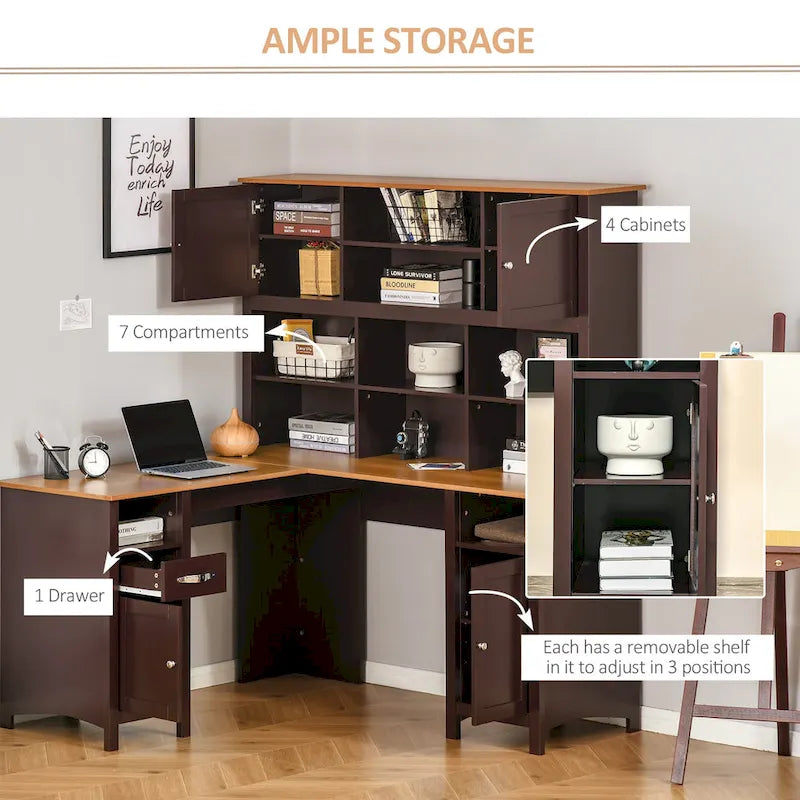 HOMCOM L-Shaped Corner Computer Desk with Hutch, Home Office Desk Study Workstation Table