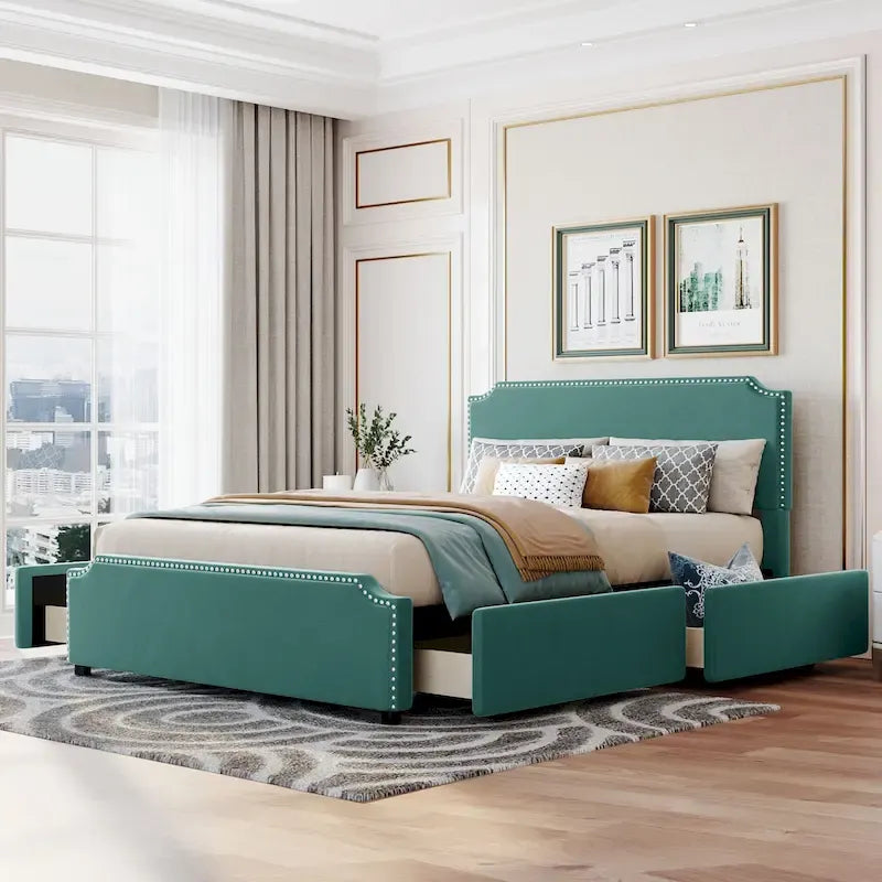 Upholstered Platform Bed with Stud Trim Headboard and Footboard
