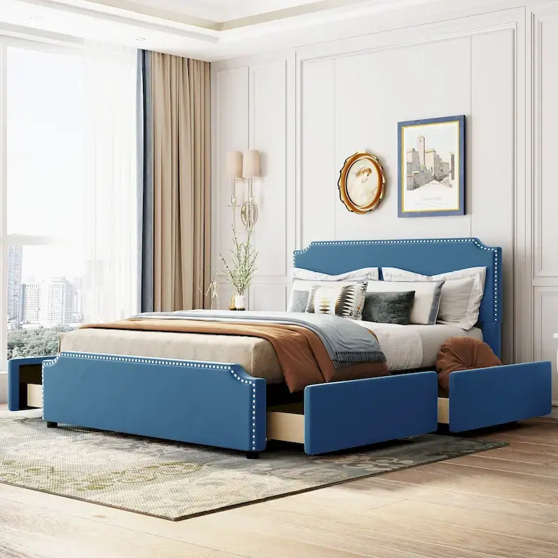 Upholstered Platform Bed with Stud Trim Headboard and Footboard