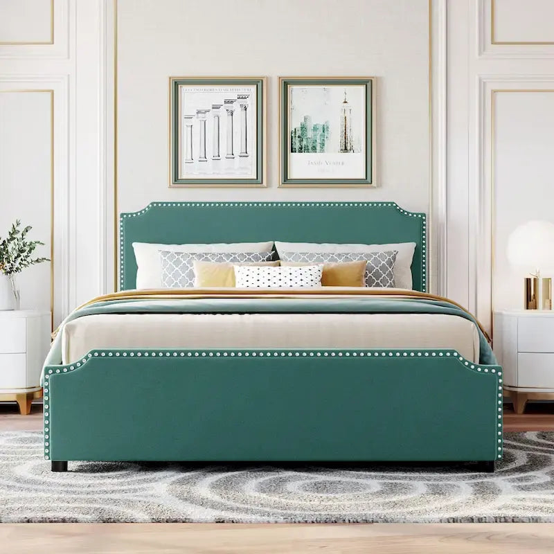 Upholstered Platform Bed with Stud Trim Headboard and Footboard