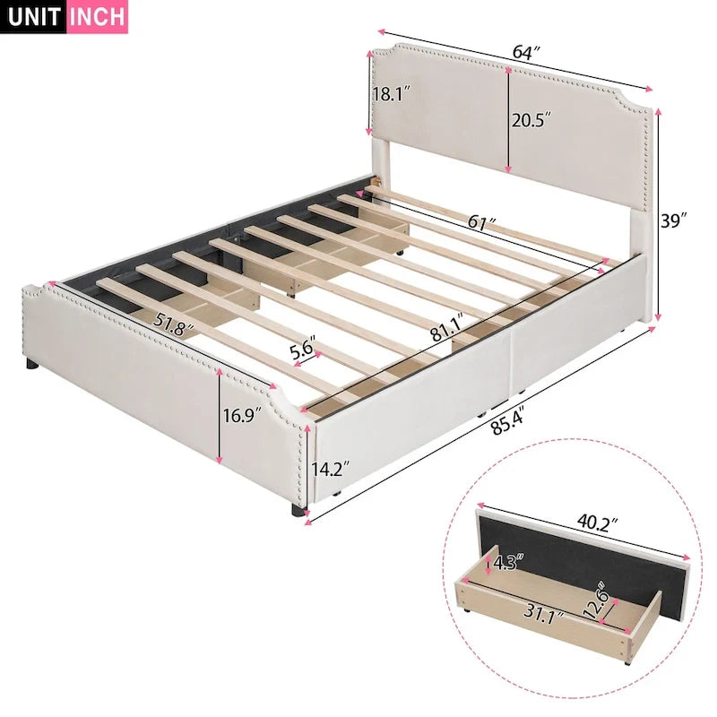 Upholstered Platform Bed with Stud Trim Headboard and Footboard