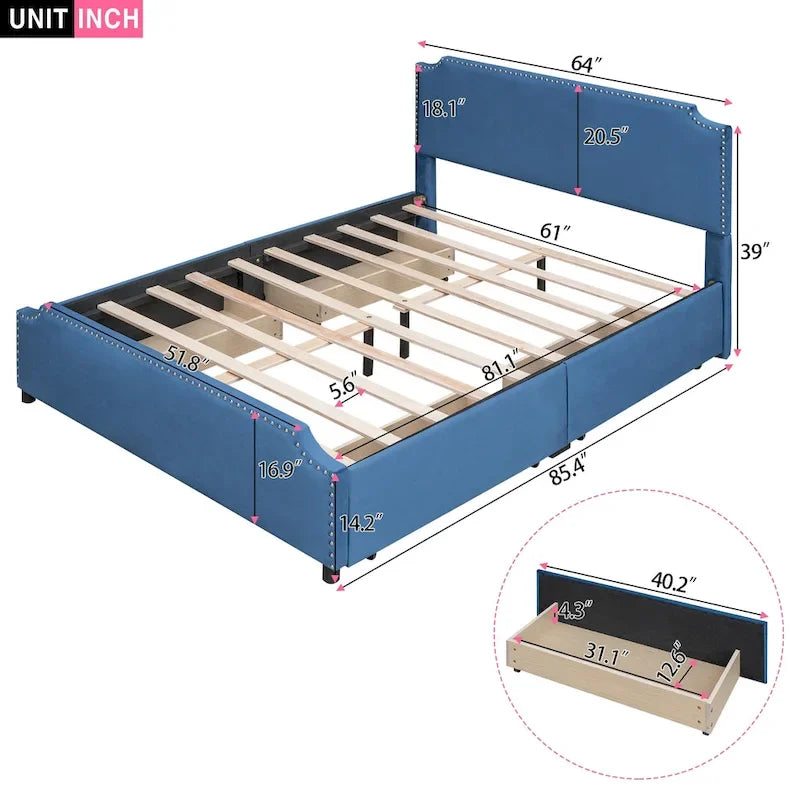 Upholstered Platform Bed with Stud Trim Headboard and Footboard