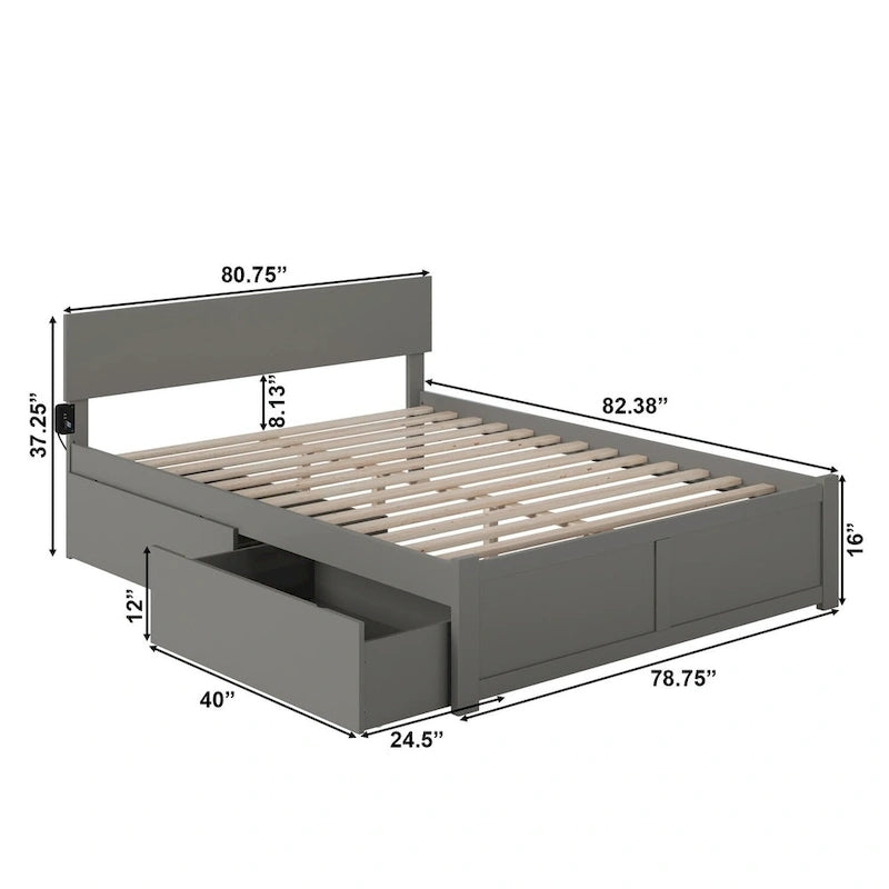 Orlando King Platform Bed with 2 Drawers in Grey