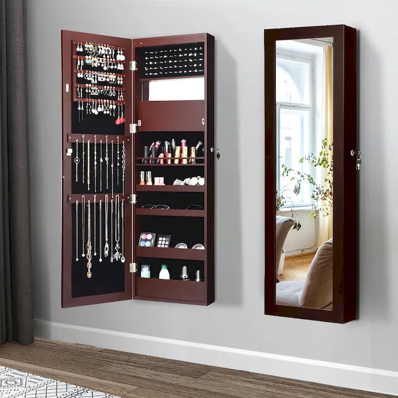 Lockable Jewelry Armoire LED Jewelry Cabinet with Full Length Mirror