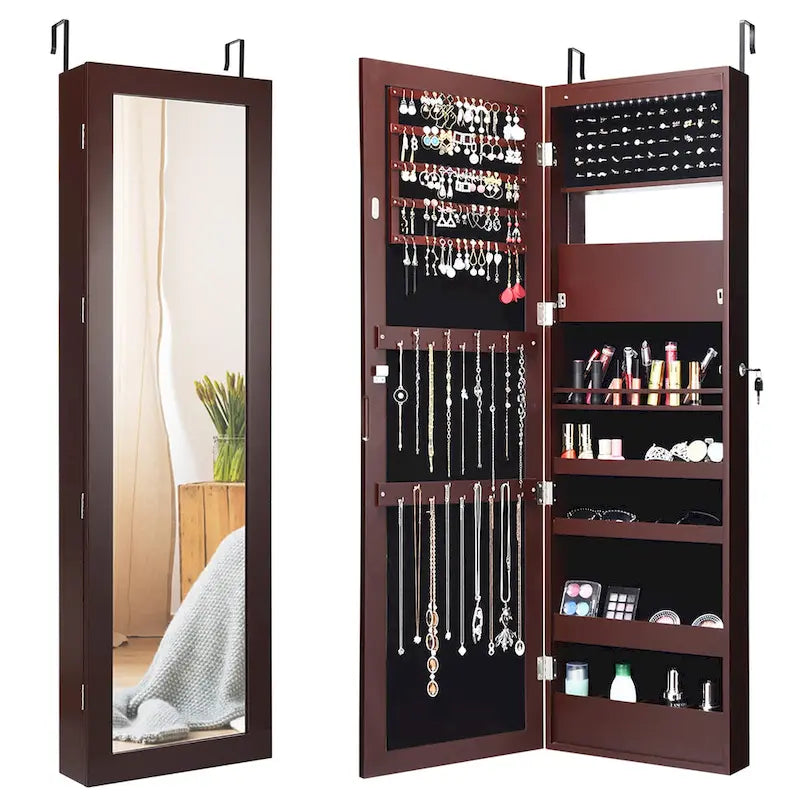 Lockable Jewelry Armoire LED Jewelry Cabinet with Full Length Mirror