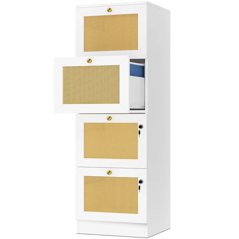 Moasis 15-inch Deep 4 Drawers Rattan Vertical File Cabinet with Lock