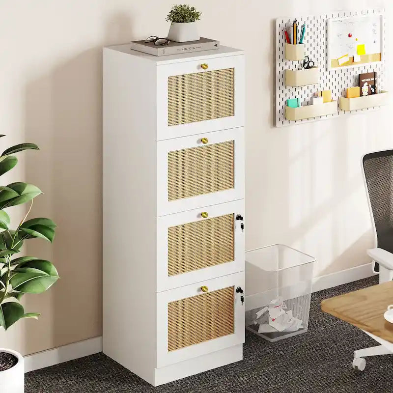 Moasis 15-inch Deep 4 Drawers Rattan Vertical File Cabinet with Lock