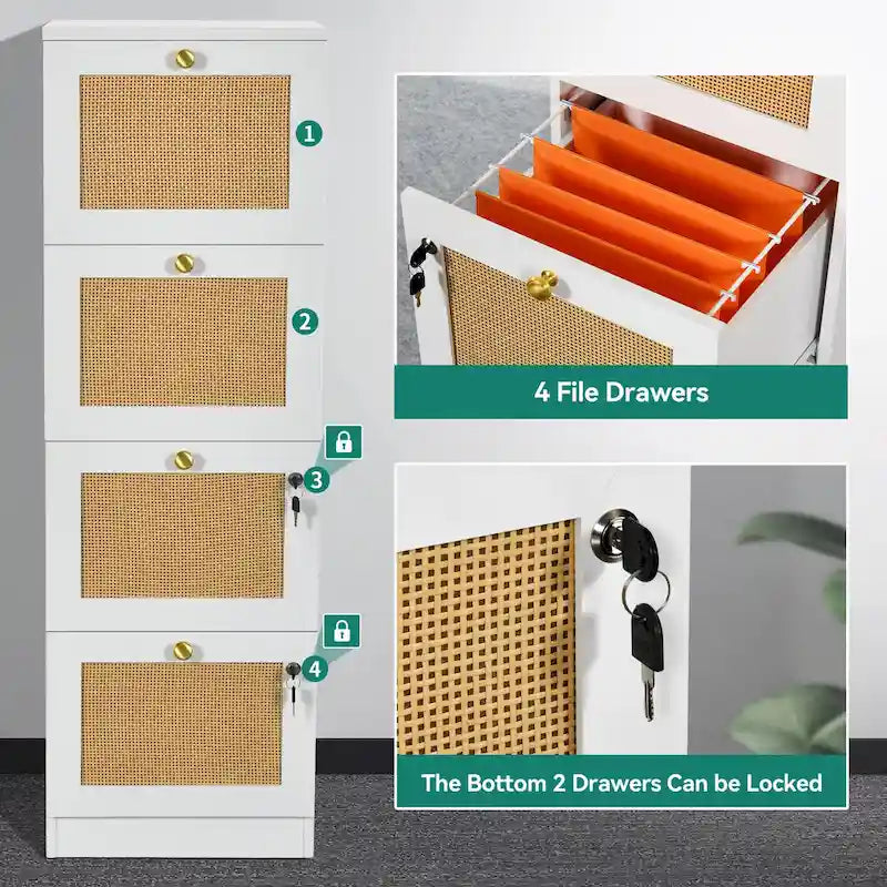 Moasis 15-inch Deep 4 Drawers Rattan Vertical File Cabinet with Lock