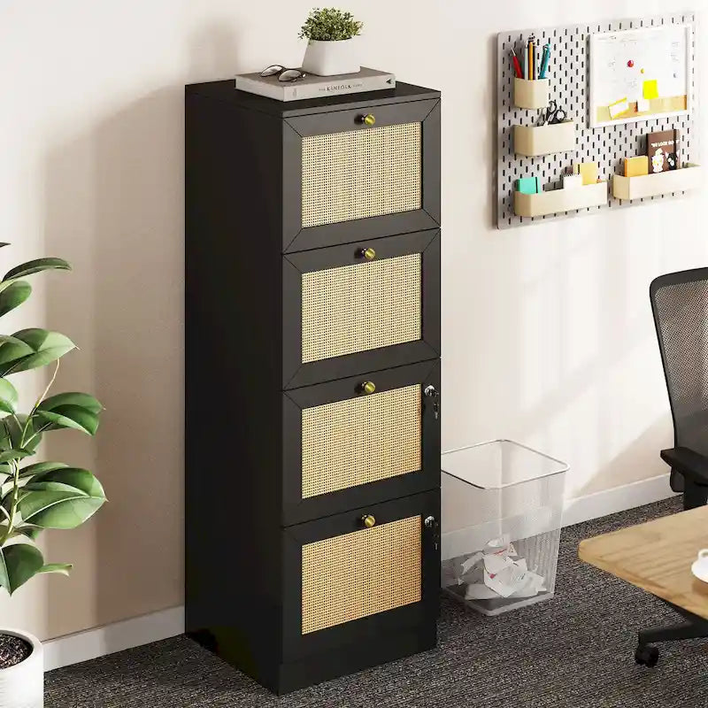Moasis 15-inch Deep 4 Drawers Rattan Vertical File Cabinet with Lock