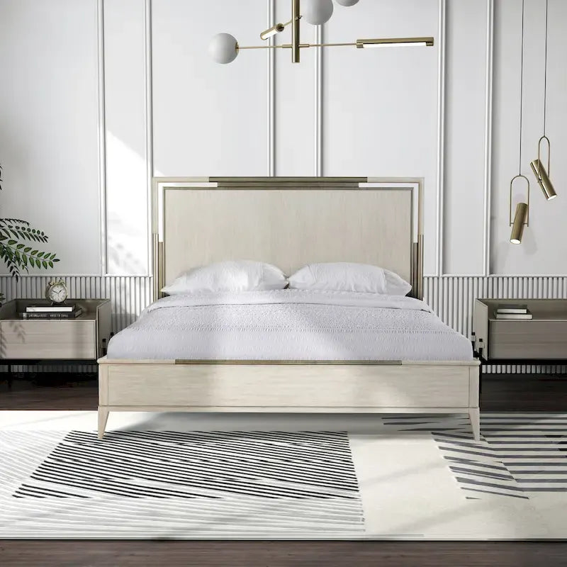 Roundhill Furniture Mantalia Solid Wood Panel Bed with Metal Frame, Champagne