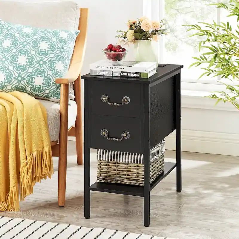 Set of 2 Nightstand with Charging Station, 2 USB Port & 2 Power Outlets, Tall End/Side Table with 2-Drawer and Storage Shelf