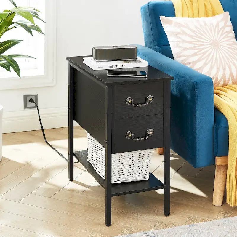 Set of 2 Nightstand with Charging Station, 2 USB Port & 2 Power Outlets, Tall End/Side Table with 2-Drawer and Storage Shelf