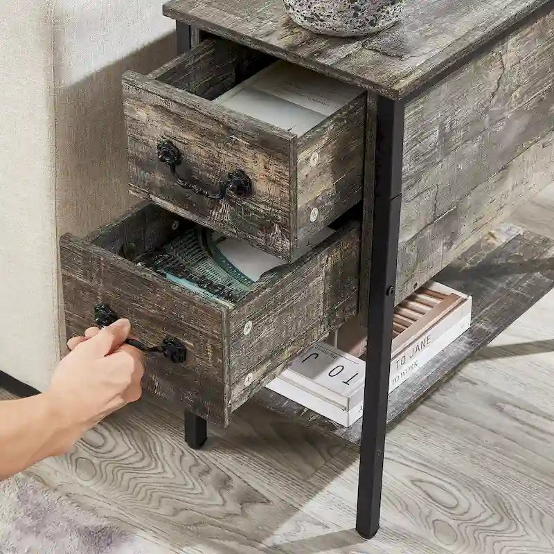 Set of 2 Nightstand with Charging Station, 2 USB Port & 2 Power Outlets, Tall End/Side Table with 2-Drawer and Storage Shelf