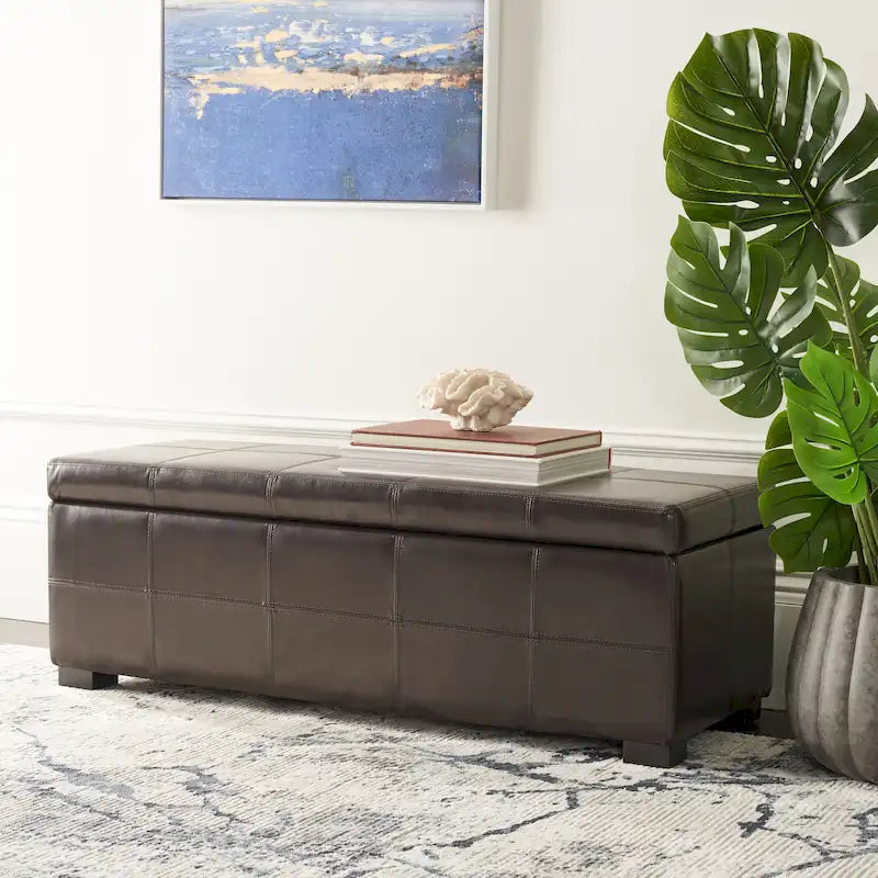 SAFAVIEH Kerrie Brown Bicast Leather/Wood Storage Bench - 46.9 x 18.3 x 16.7 - 47Wx18Dx17H