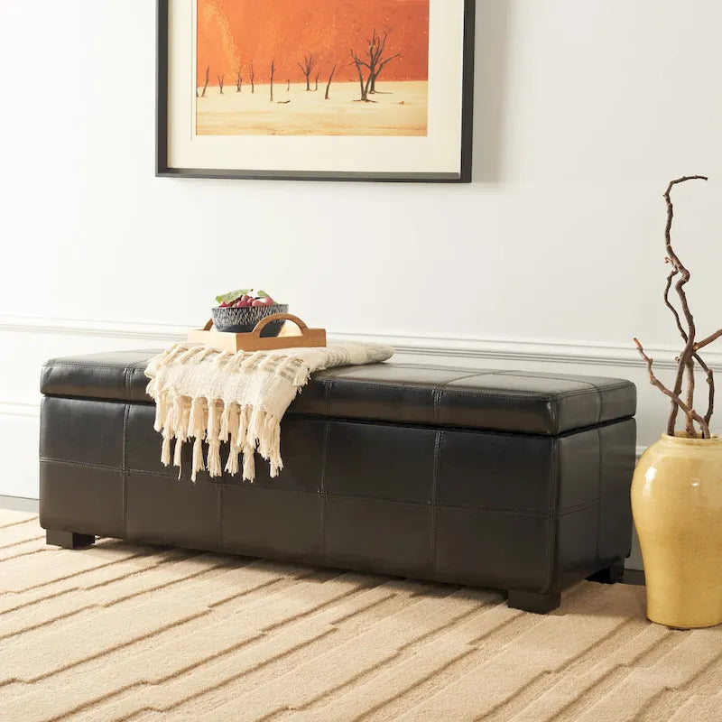 SAFAVIEH Kerrie Brown Bicast Leather/Wood Storage Bench - 46.9 x 18.3 x 16.7 - 47Wx18Dx17H