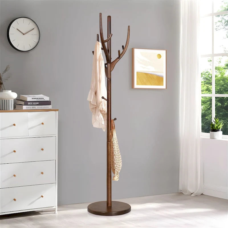 Adjustable Tree-branch Coat Rack Freestanding, Rubberwood Coat Tree - 16.54Dia. x 71.65H