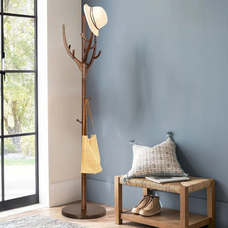 Adjustable Tree-branch Coat Rack Freestanding, Rubberwood Coat Tree - 16.54Dia. x 71.65H