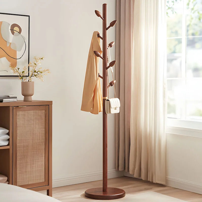 Rubberwood Freestanding Coat Rack, Coat Tree with 8 Bud-shaped Hooks - 15.75Dia. x 72.44H