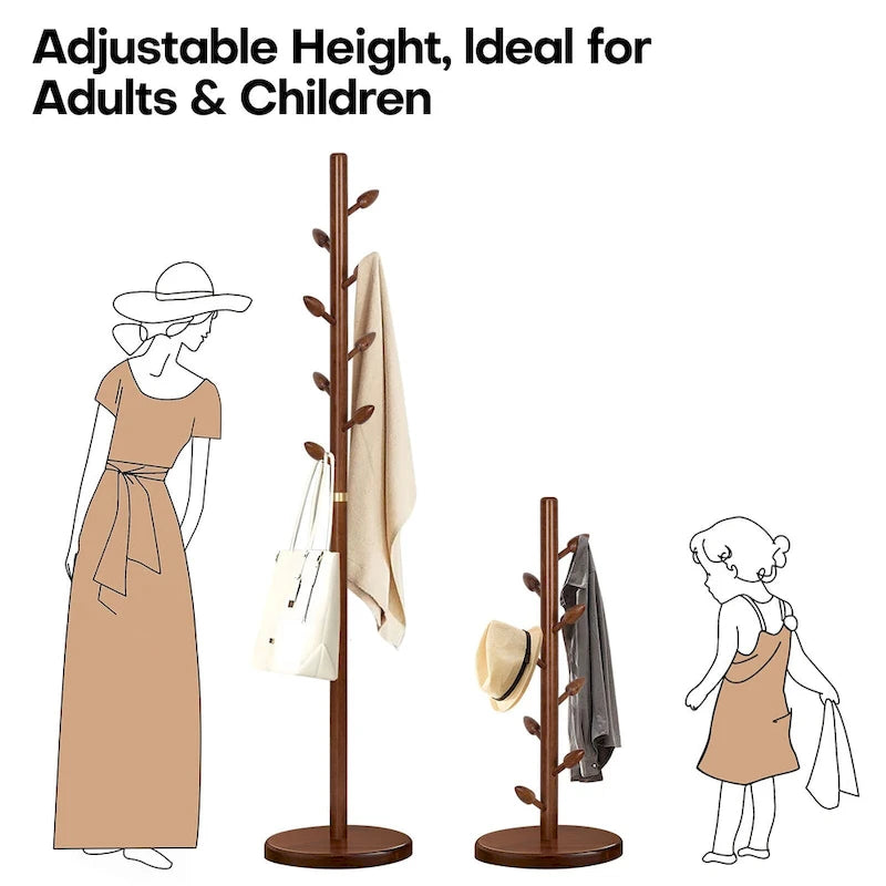 Rubberwood Freestanding Coat Rack, Coat Tree with 8 Bud-shaped Hooks - 15.75Dia. x 72.44H