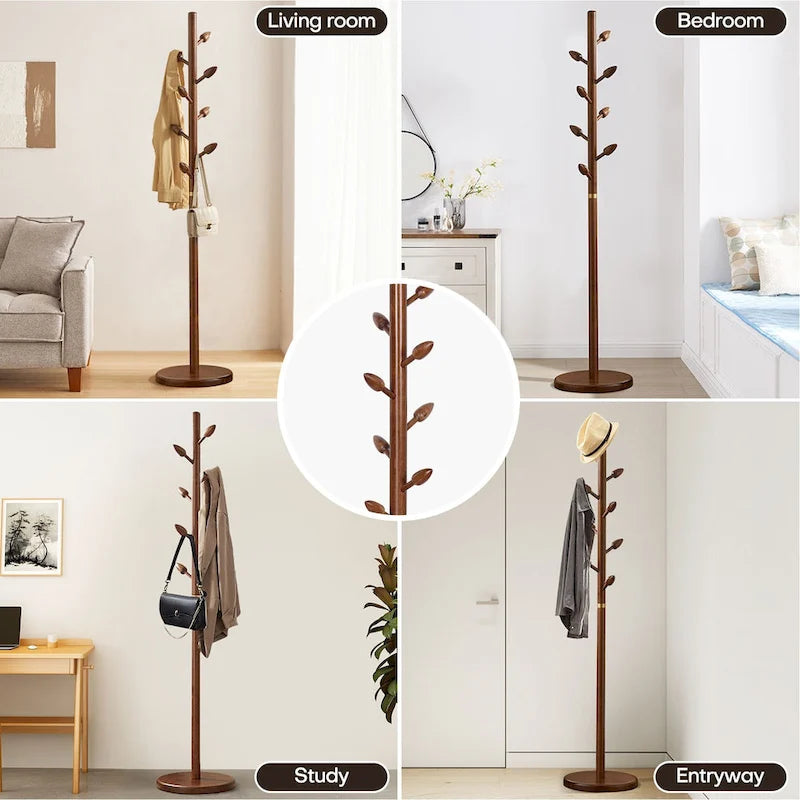 Rubberwood Freestanding Coat Rack, Coat Tree with 8 Bud-shaped Hooks - 15.75Dia. x 72.44H