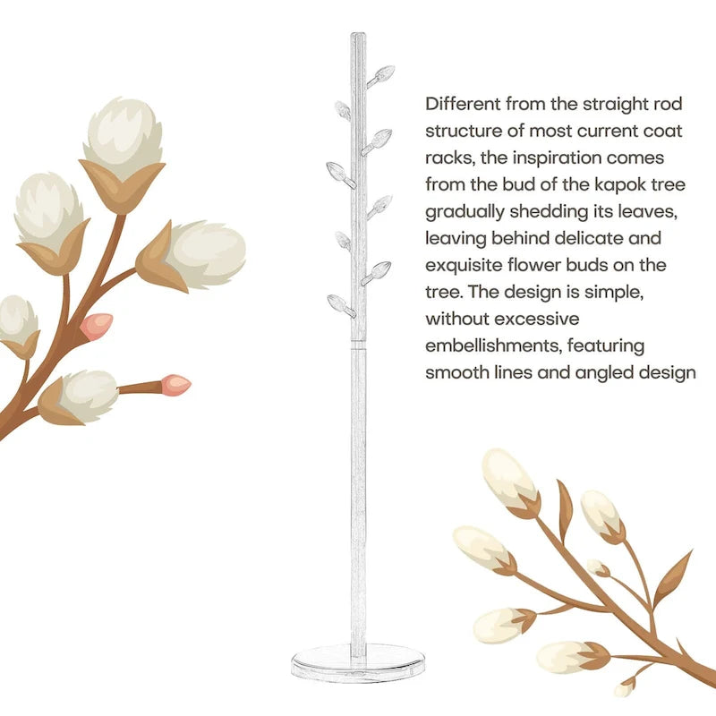 Rubberwood Freestanding Coat Rack, Coat Tree with 8 Bud-shaped Hooks - 15.75Dia. x 72.44H