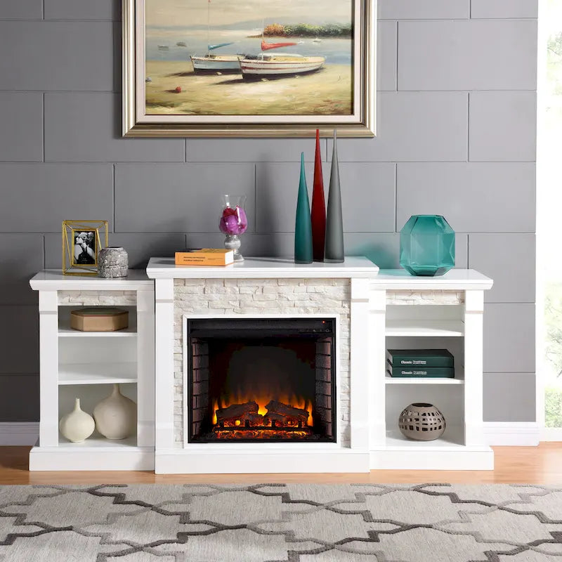 SEI Furniture Remote Controlled LED Electric Fireplace with Mantel in White Stone and Storage